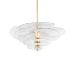Clear Clérachic Lotus Leaf Glass Chandelier lit on a white background, light glowing between the layered leaves.