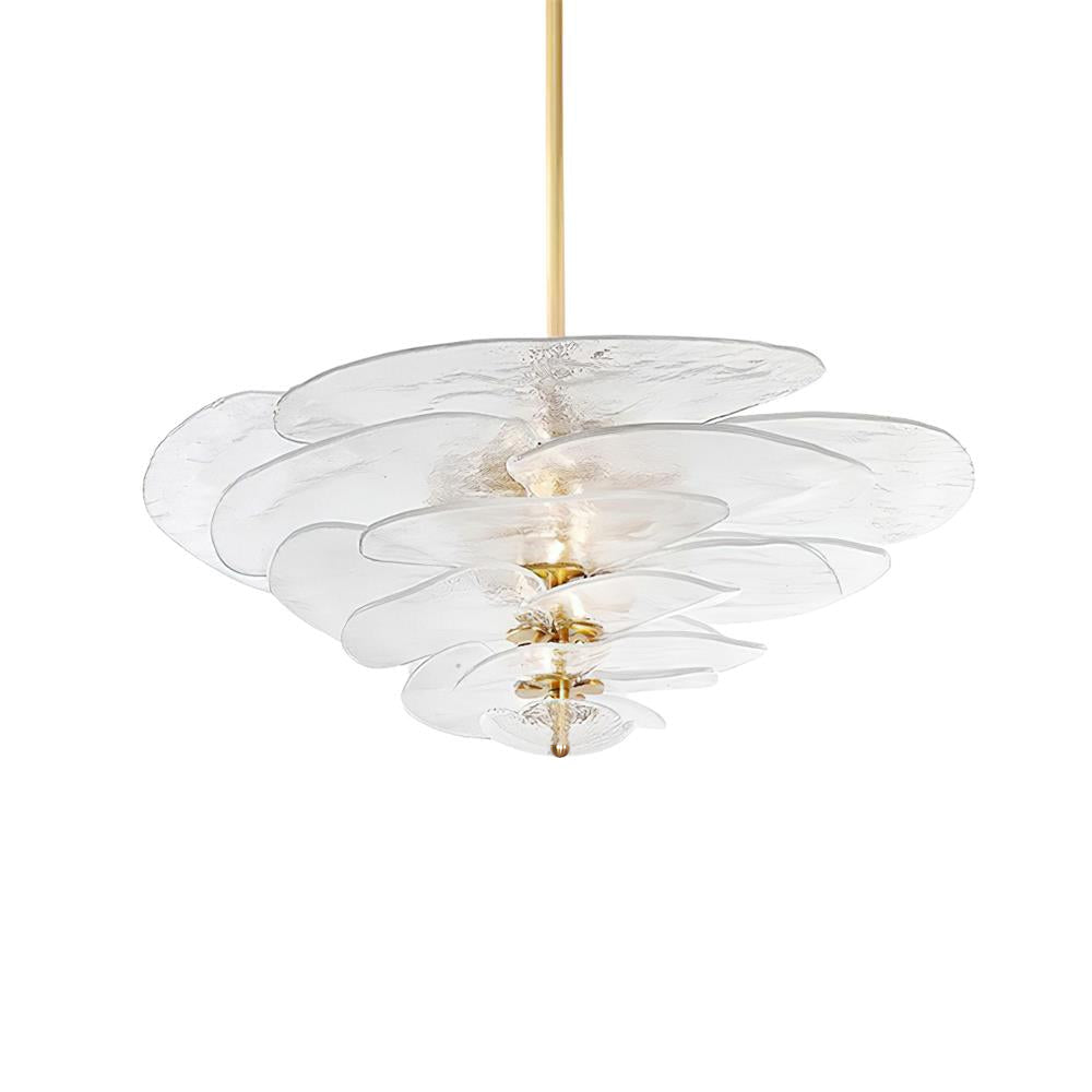 Clear Clérachic Lotus Leaf Glass Chandelier lit on a white background, light glowing between the layered leaves.