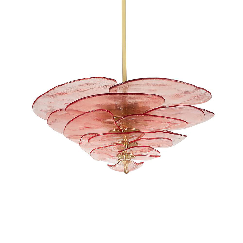 Pink Clérachic Lotus Leaf Glass Chandelier unlit on white, showing the ruby-edged leaves and brass drop rod.