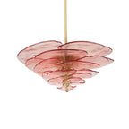 Pink Clérachic Lotus Leaf Glass Chandelier unlit on white, showing the ruby-edged leaves and brass drop rod.