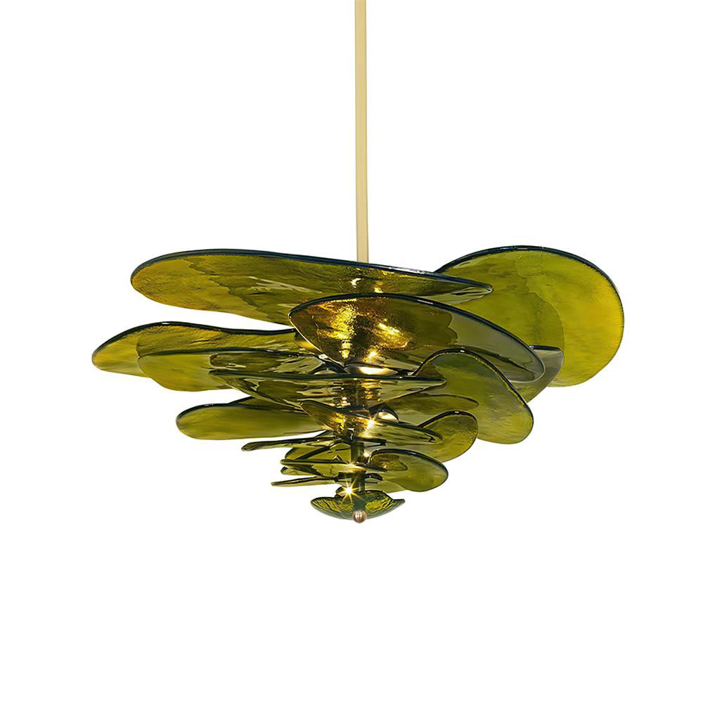 Olive-green Clérachic lotus leaf chandelier lit on white, light catching the rippled surface of each leaf.