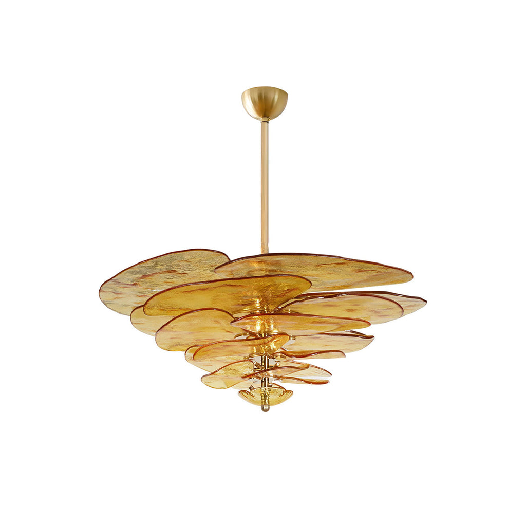 Amber Clérachic Lotus Leaf Glass Chandelier on white with its full brass drop rod and domed ceiling canopy.