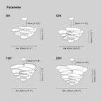 Dimension drawing for the Clérachic lotus leaf chandelier: 8H Dia. 55cm (≈21.6″) x 28cm (≈11″) high, up to 20H Dia. 100cm (≈39.4″) x 52cm (≈20.5″).
