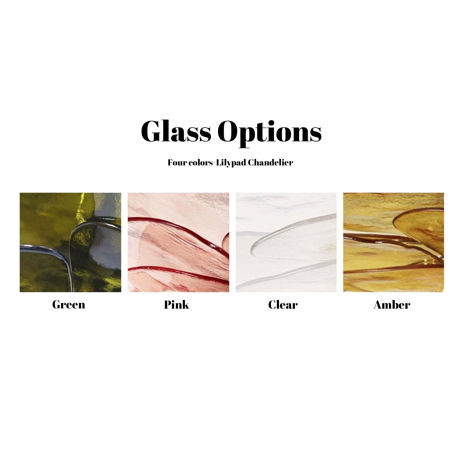 Glass options for the Clérachic Lotus Leaf Glass Chandelier shown as four samples: green, pink, clear and amber.