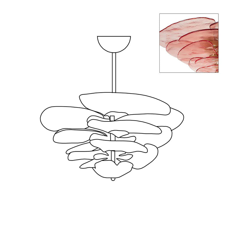 Small outline of the Clérachic lotus leaf chandelier with an inset of the pink glass leaves seen from the side.