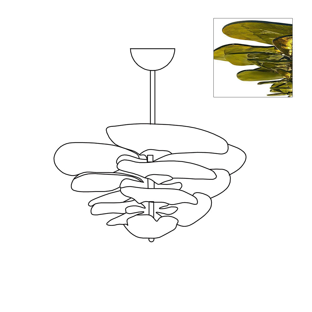 Compact line drawing of the Clérachic lotus leaf chandelier beside an inset of the olive glass lit from below.