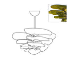 Compact line drawing of the Clérachic lotus leaf chandelier beside an inset of the olive glass lit from below.