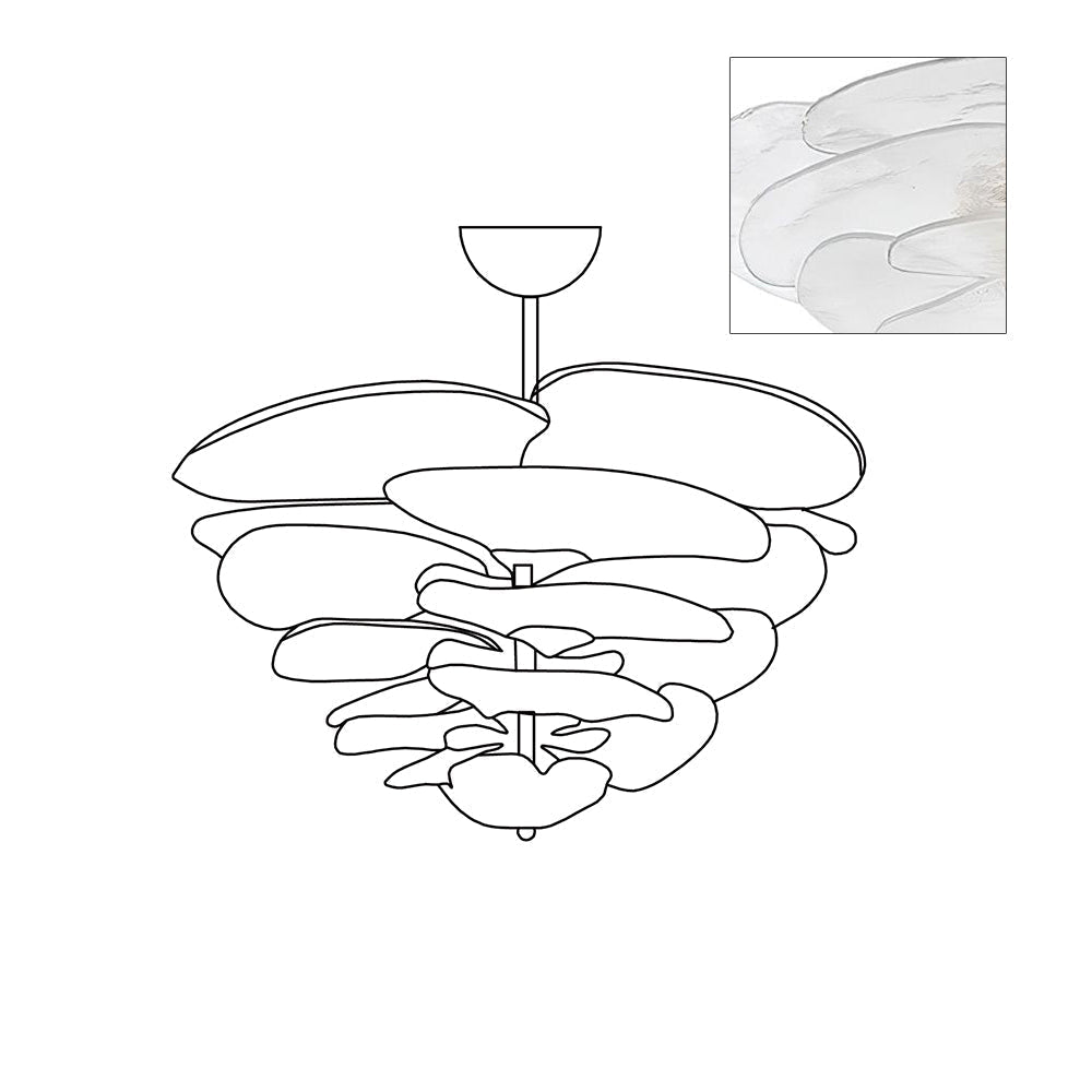 Clérachic chandelier outline sketch with a clear-glass inset showing the frosted texture across each leaf.