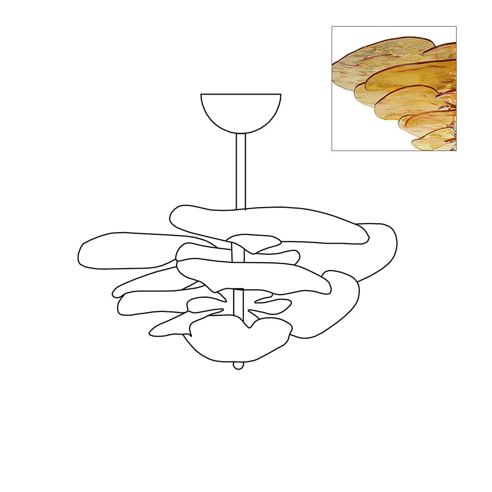 Sketch of the Clérachic lotus leaf chandelier silhouette beside an amber glass sample with warm brown rims.