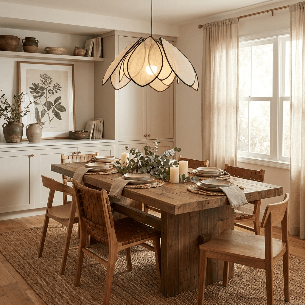 Clérachic lotus-petal pendant lamp lit above a dining table with woven leather-back chairs, pale built-in cabinetry and sheer linen curtains behind it.