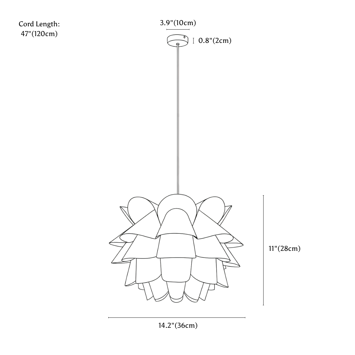 Clérachic pendant light dimension drawing, every measurement marked in centimetres and inches.