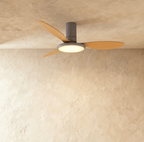 Clérachic ceiling fan with a light: a grey body with wood-toned blades and a glowing round LED disc, in a studio.