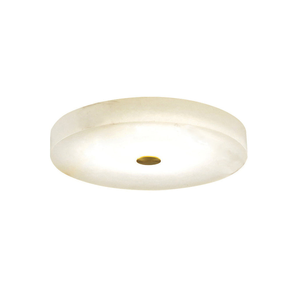 Clérachic low-profile drum flush mount ceiling light in white alabaster with a brushed brass centre cap, shown unlit on white.