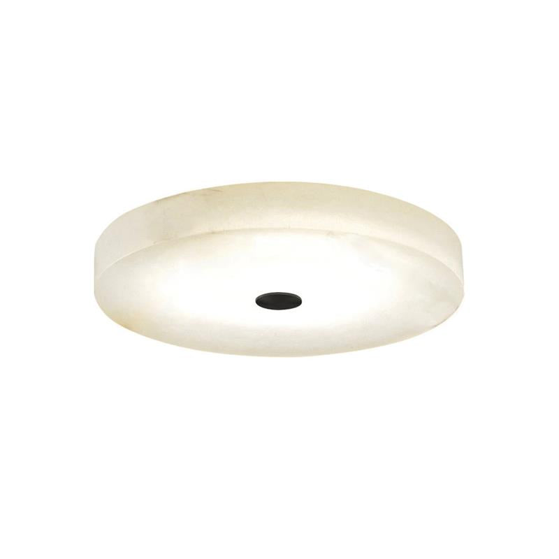 The black-cap finish of the Clérachic drum flush mount ceiling light, a pale alabaster disc with a matte black centre disc.
