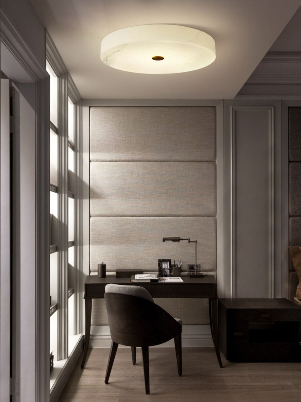 Clérachic flush mount ceiling light in a narrow study nook, lighting the desk and chair below from a flush ceiling fitting.