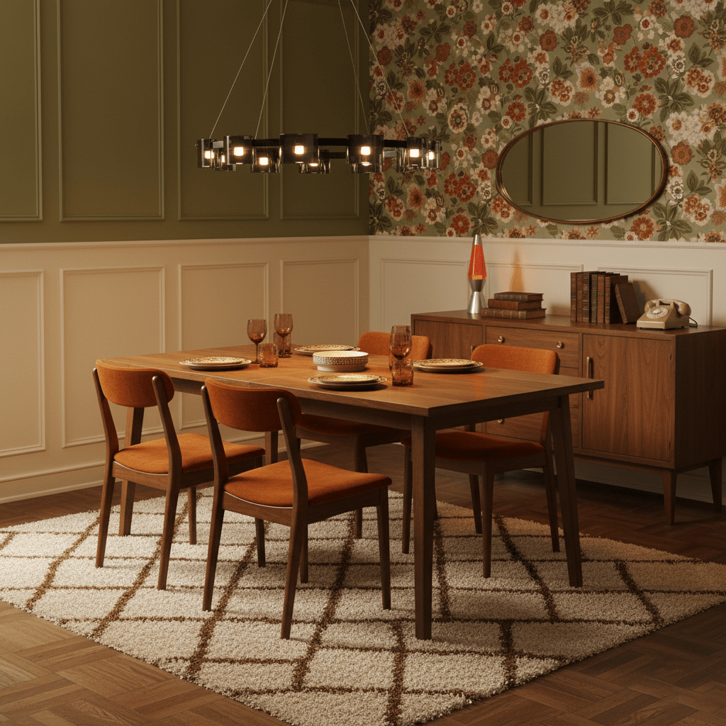 A black-frame ring chandelier from Clérachic over a walnut dining table, with orange chairs, a green panelled wall and floral wallpaper.