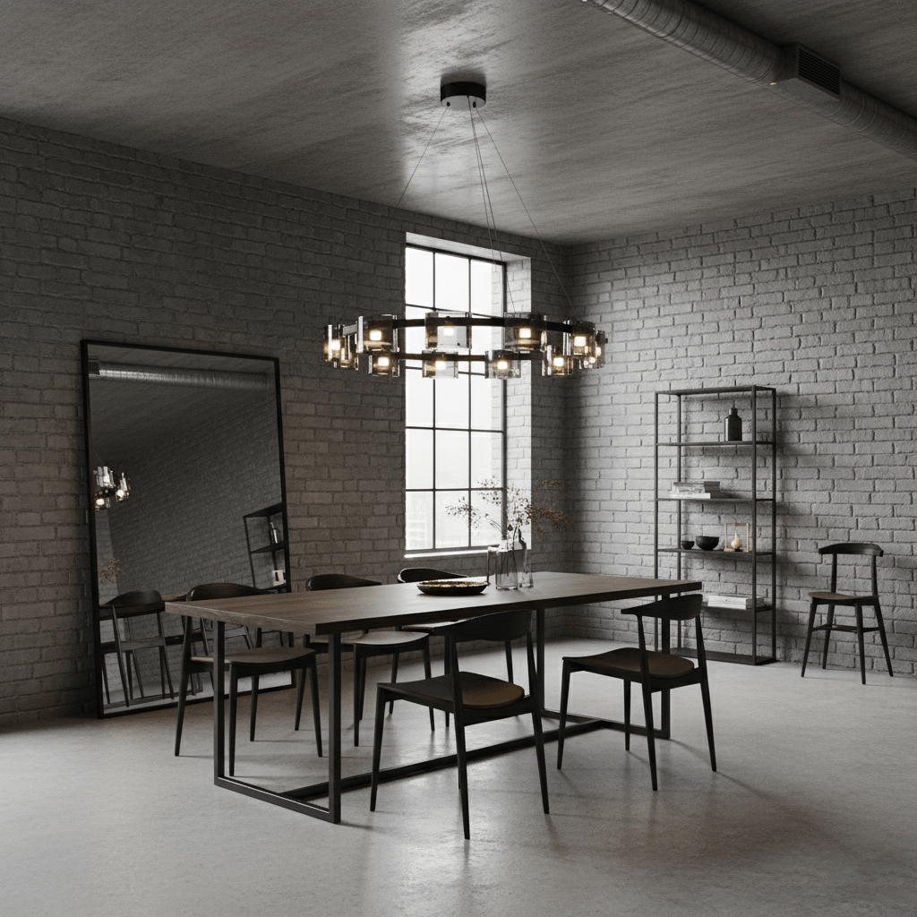 Ring chandelier from Clérachic with smoked glass shades above a dark dining table, in a loft room with grey brick walls and a tall window.