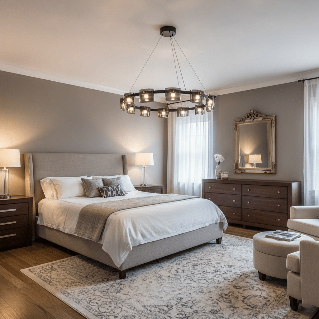 Lit Clérachic ring chandelier hung in a grey bedroom with a pale upholstered bed, a gilt mirror and a patterned rug.