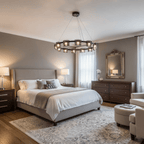 Lit Clérachic ring chandelier hung in a grey bedroom with a pale upholstered bed, a gilt mirror and a patterned rug.