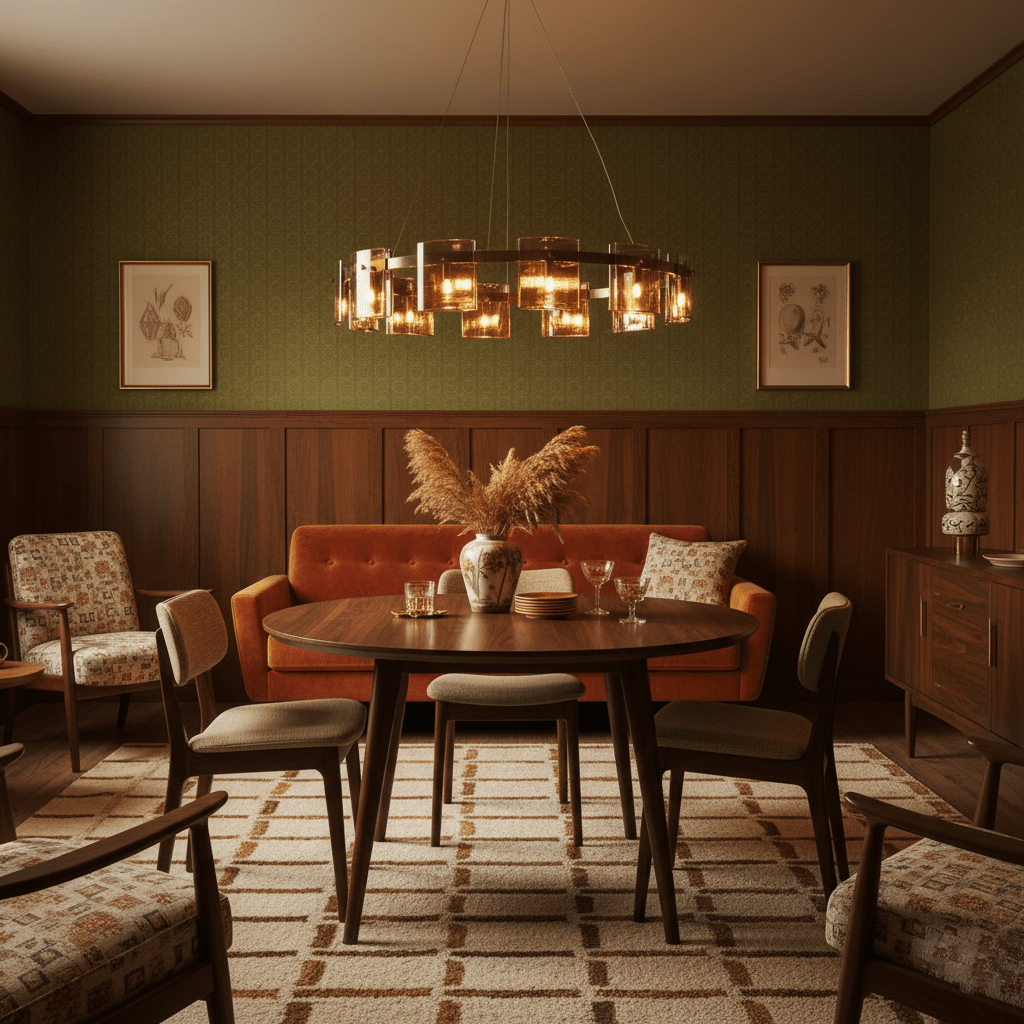 Warm-lit Clérachic chandelier over a round dining table in a room with olive walls, wood panelling and an orange sofa.