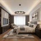 Black ring chandelier from Clérachic in a bedroom with a lit ceiling cove, a wall television, a grey bed and a geometric rug.