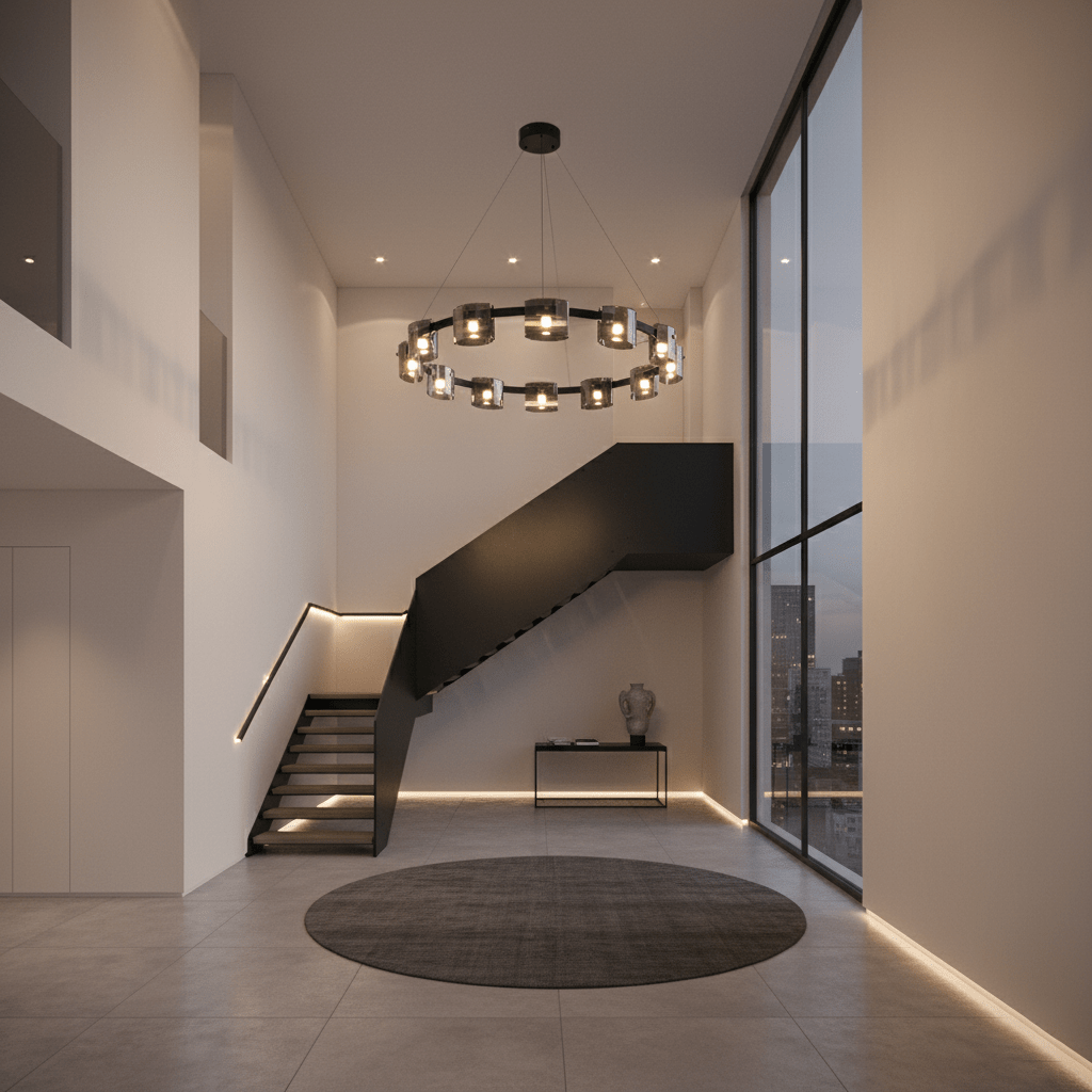 Black-frame Clérachic chandelier hanging in a tall entrance hall beside a black staircase and a floor-to-ceiling window.