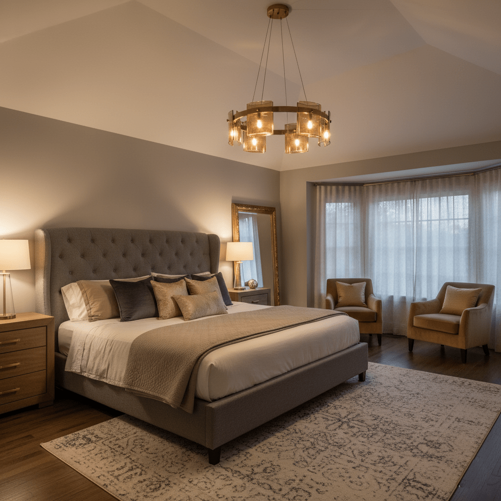 Gold-frame ring chandelier from Clérachic with amber glass, glowing over a grey tufted bed and two armchairs by a bay window.