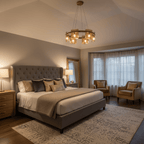Gold-frame ring chandelier from Clérachic with amber glass, glowing over a grey tufted bed and two armchairs by a bay window.