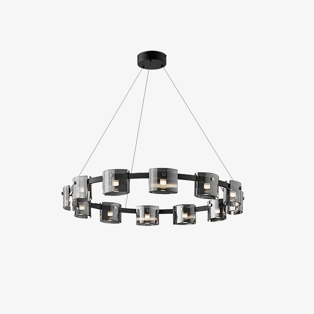 Black-frame ring chandelier from Clérachic with smoked glass shades and a round black canopy, on a clean white background.