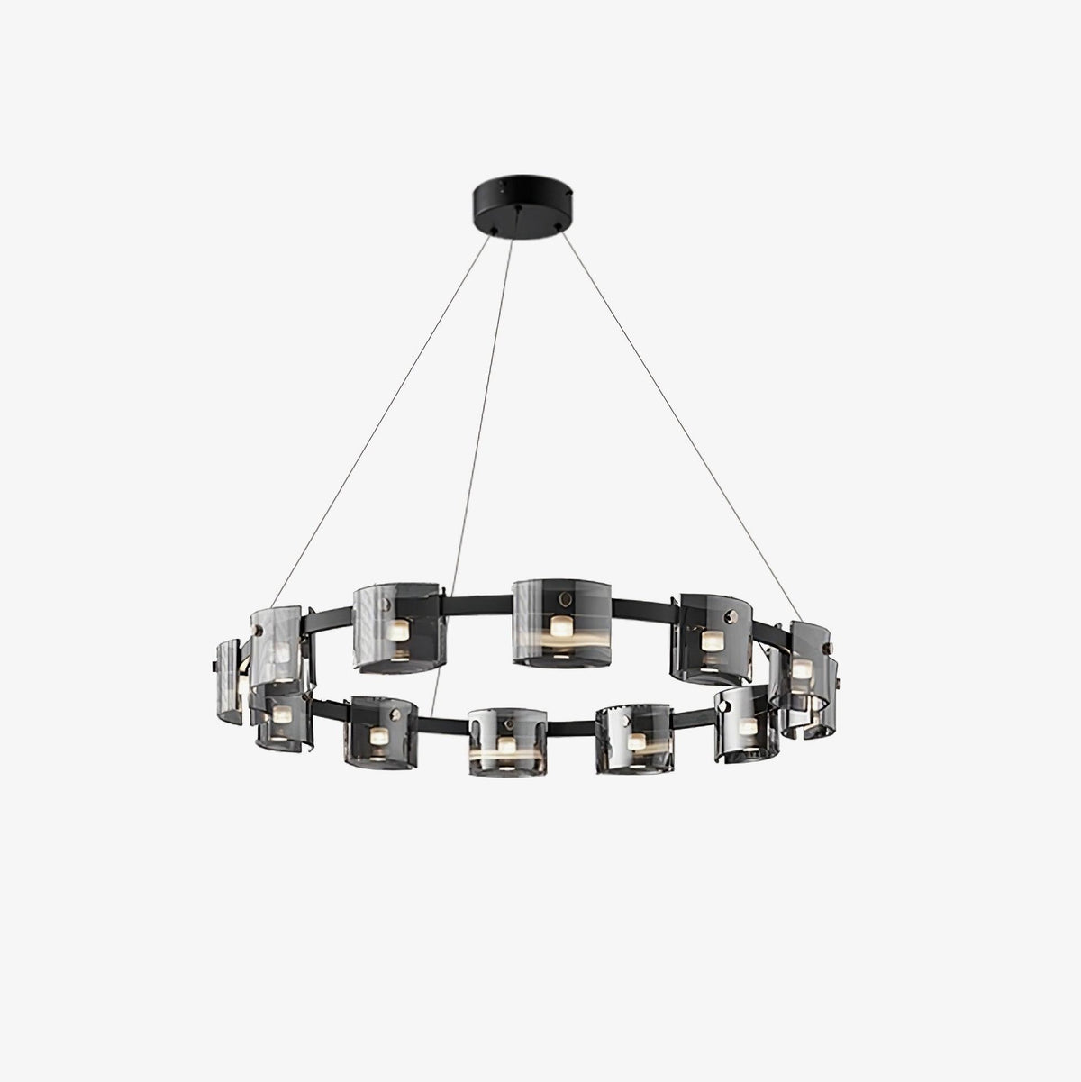 Black-frame ring chandelier from Clérachic with smoked glass shades and a round black canopy, on a clean white background.