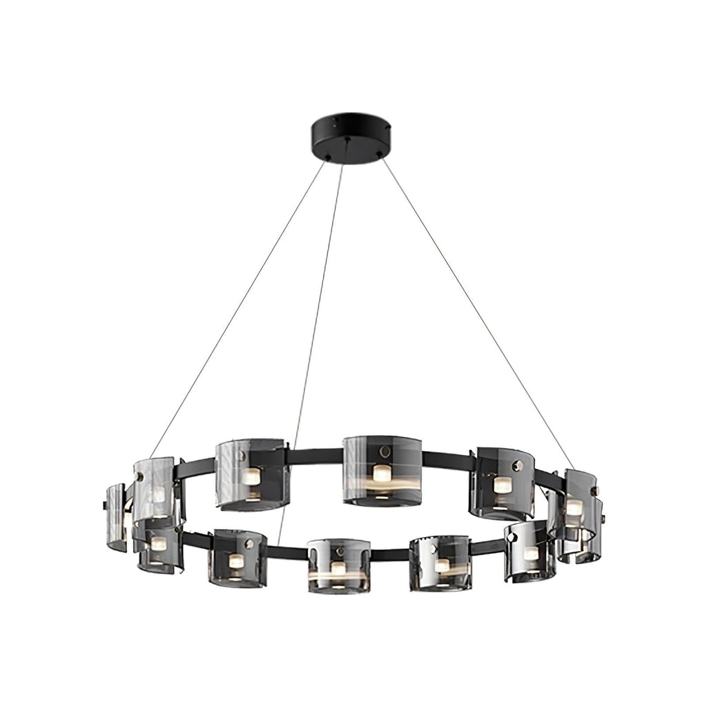 Black-frame ring chandelier from Clérachic shown from slightly below, with smoked glass shades around the band, on white.