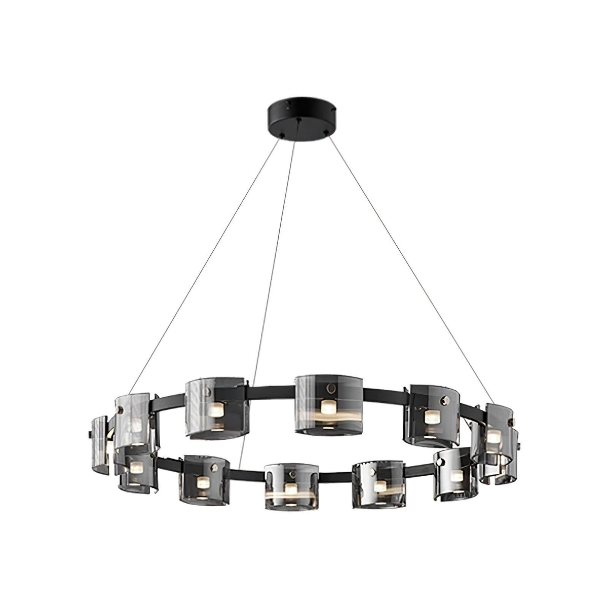 Black-frame ring chandelier from Clérachic shown from slightly below, with smoked glass shades around the band, on white.