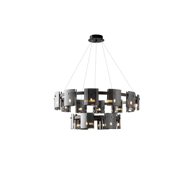 Two-tier black chandelier from Clérachic with smoked glass shades on both rings, on a clean white background.