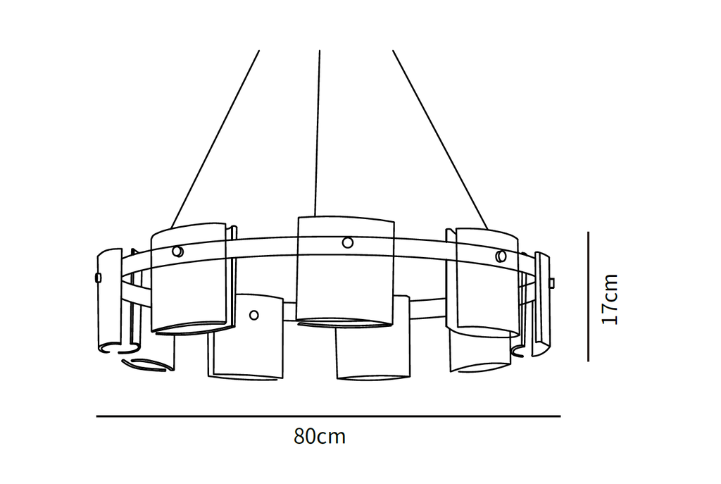 Dimension drawing of this Clérachic chandelier in its wider size, with its height and width marked.