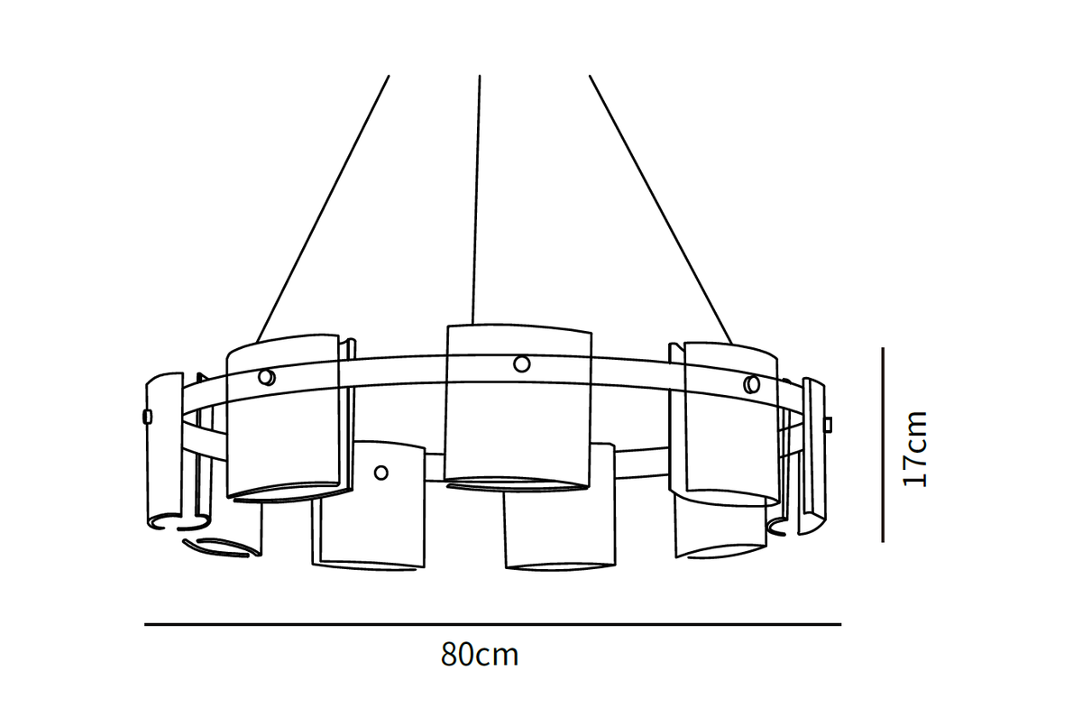 Dimension drawing of this Clérachic chandelier in its wider size, with its height and width marked.