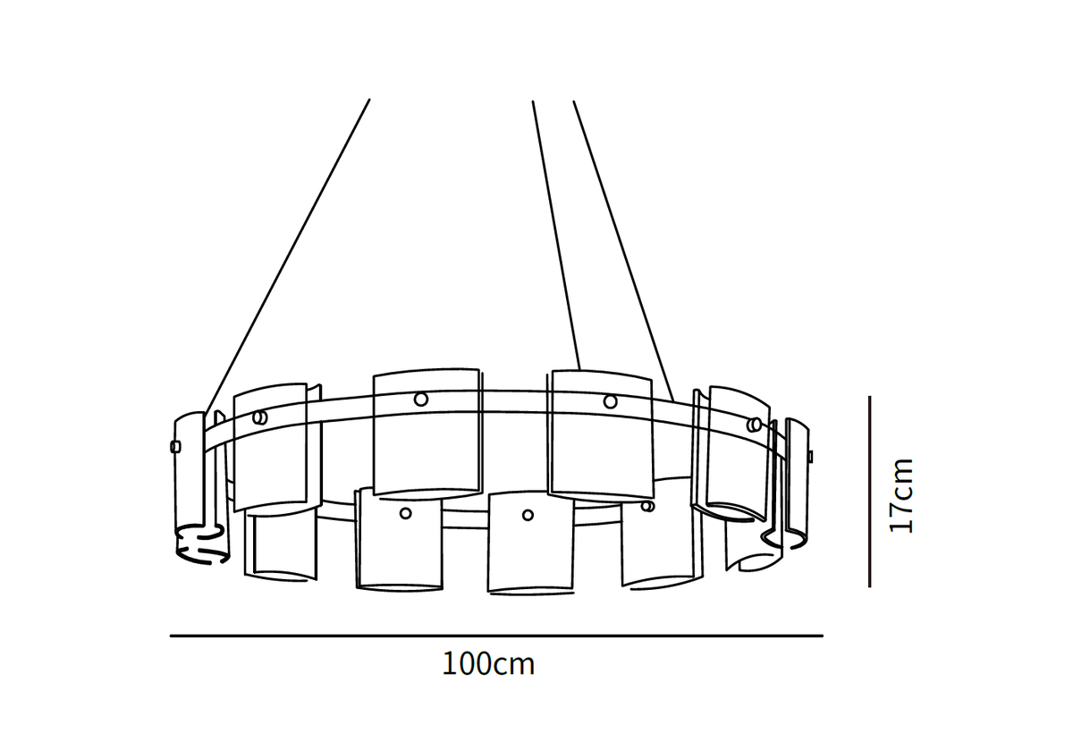 Dimension drawing of this Clérachic chandelier in its widest single-ring size, with its height and width marked.