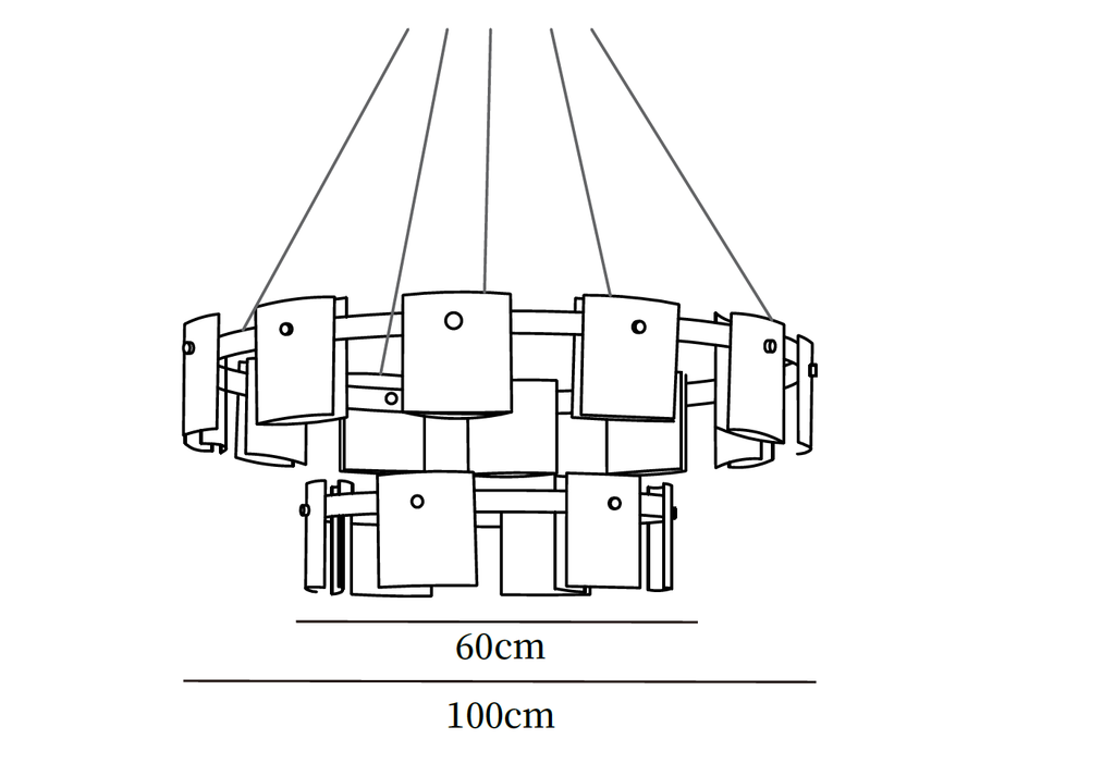 Dimension drawing of this Clérachic two-layer chandelier, with the widths of both rings marked.