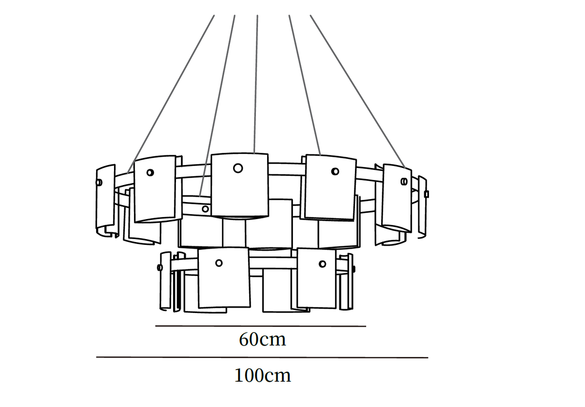 Dimension drawing of this Clérachic two-layer chandelier, with the widths of both rings marked.