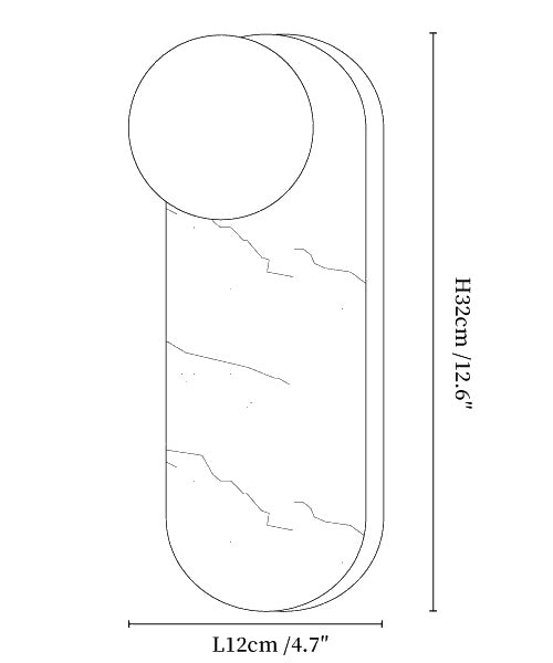 Dimension drawing of the lucie wall lamp, in outline against white.