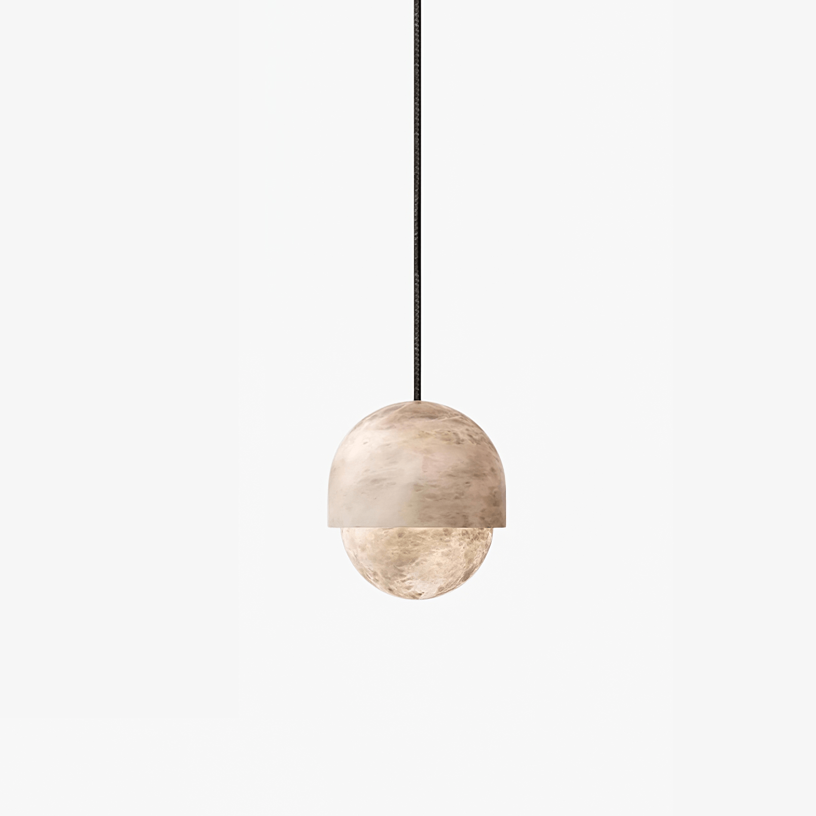 Clérachic Lunar pendant on white, alabaster dome capping a glowing stone globe on a black cord.