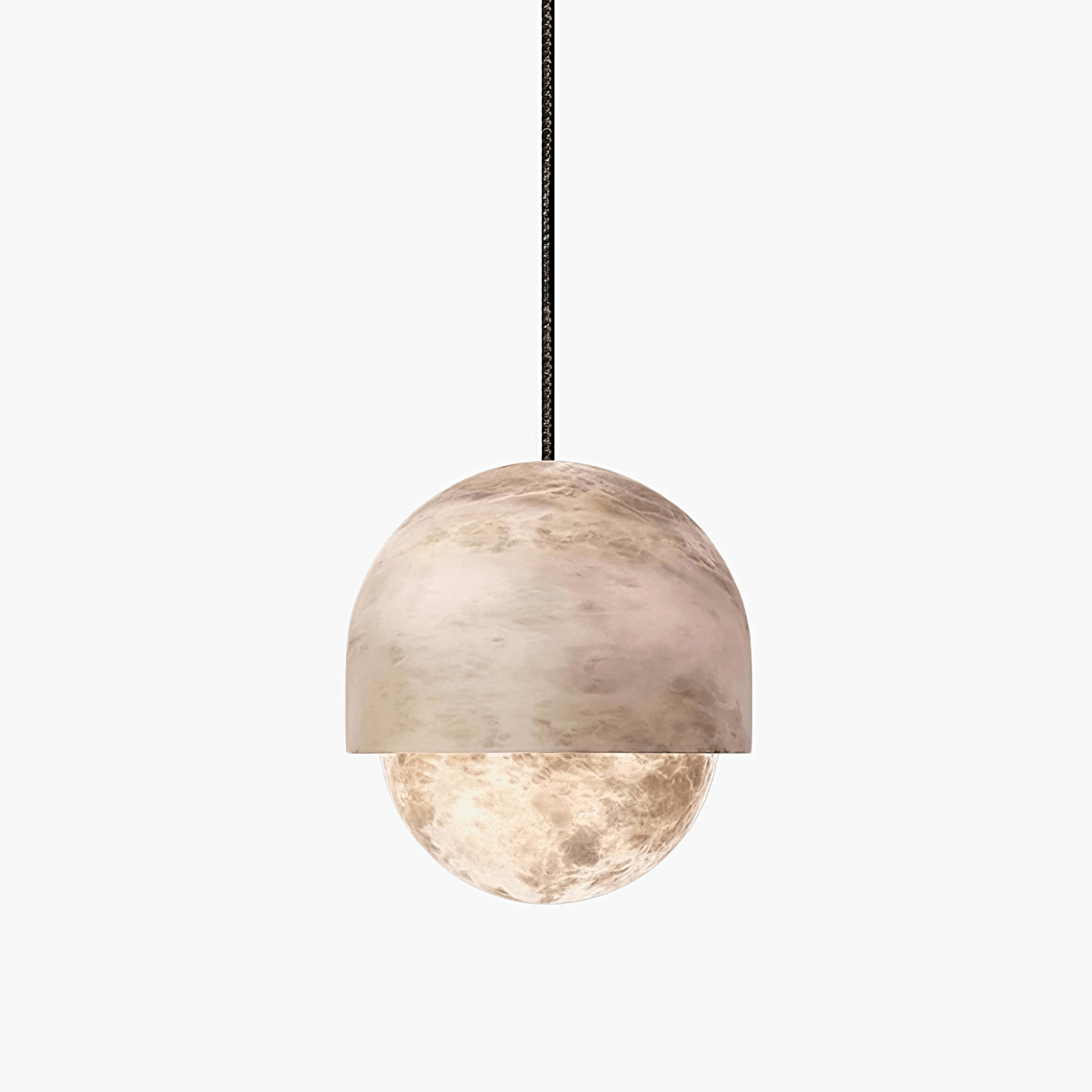 Clérachic Lunar pendant in the largest size on white, veining clear across the alabaster cap.