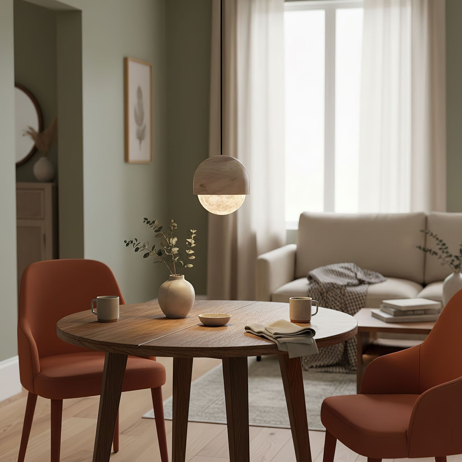 Clérachic Lunar pendant over a round dining table with rust leather chairs and a stoneware vase.