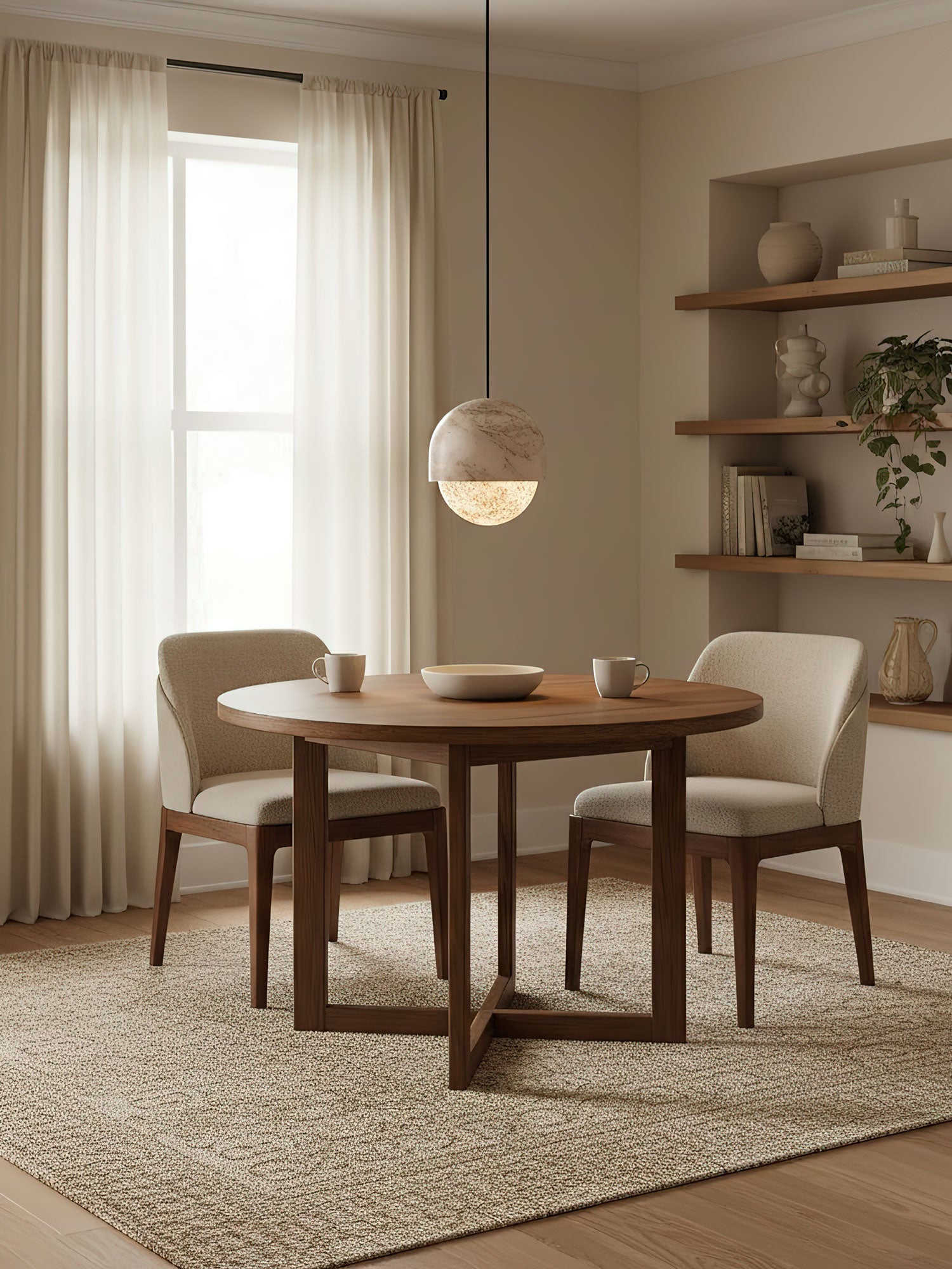 The Clérachic Lunar pendant above a round timber table in a bright room with open shelving.