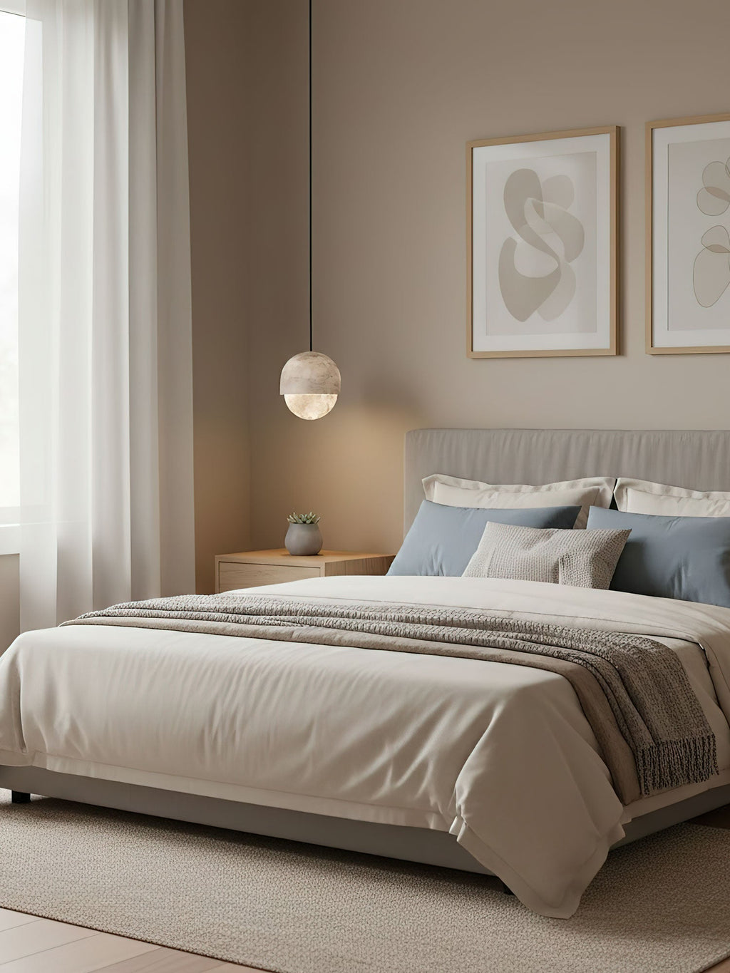 Clérachic Lunar pendant hanging beside a bed as a bedside light above the nightstand.