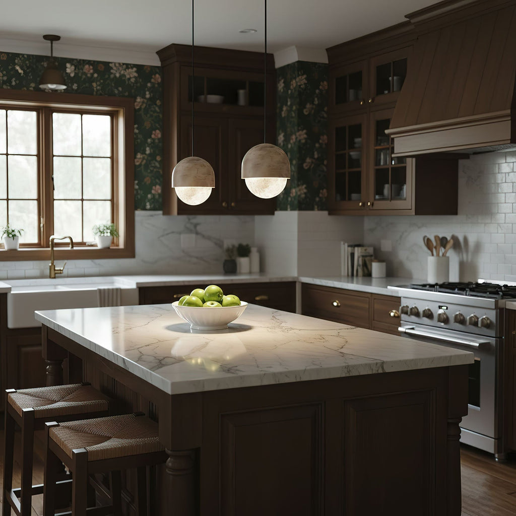 Two Clérachic Lunar pendants over a dark kitchen island with floral wallpaper behind.