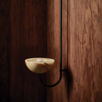 The Clérachic Lunaris single-arm light in black against a walnut wall, bowl lit warm.