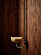 Clérachic Lunaris single light on walnut panelling, nickel arm curving under the bowl.