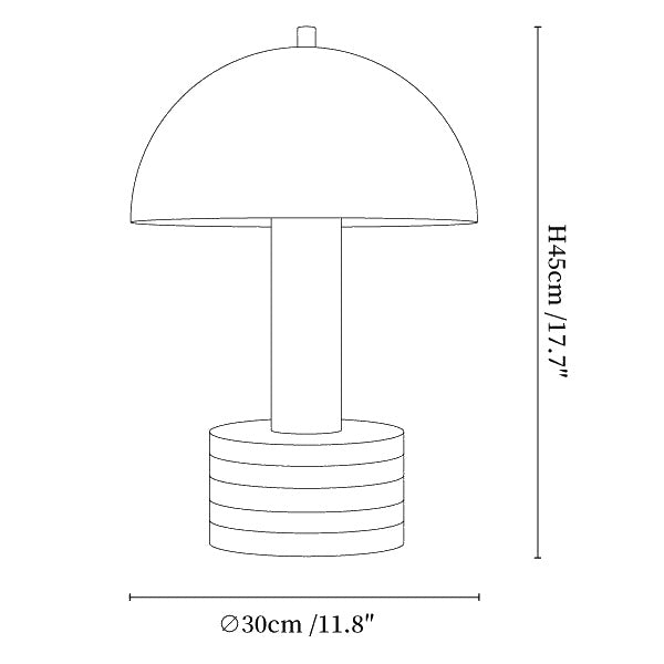 Dimension drawing of the luno chrome table lamp, in outline against white.