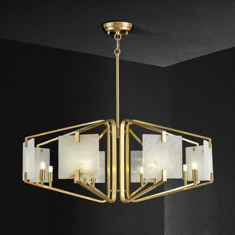 Clérachic eight-light chandelier at full span, candle bulbs glowing behind hand-carved alabaster panels.