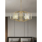 The Clérachic chandelier hung over a living room sofa, panels reading soft cream against a pale wall.